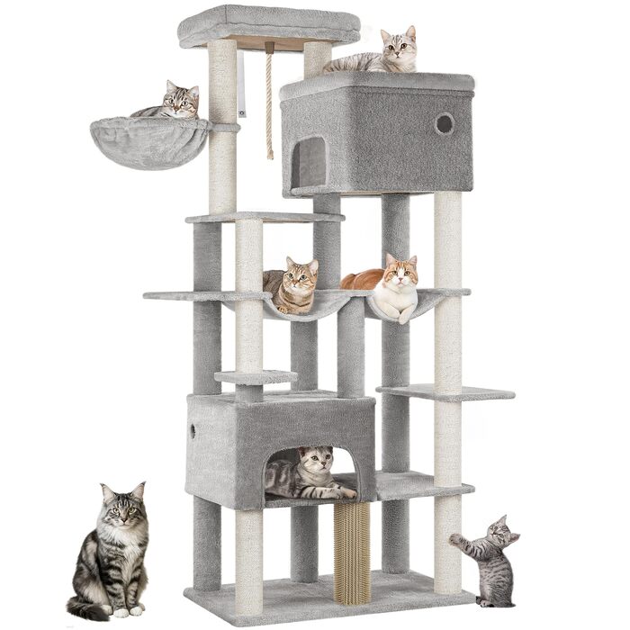 Котячий будиночок Hzuaneri XXL з 10 стовпчиками для дряпання, 2 печерами, 2 гамаками, великою платформою, щітками для котів, кошиком. Підходить для Maine Coon, великих котів, сірий колір MS20018LG