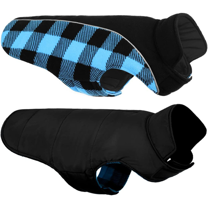 Теплий зимовий одяг для собак, куртка для собак з захистом живота, зимова куртка для собак зі світловідбиваючими елементами, двостороння куртка для собак, одяг для собак з отвором для шлейки, блакитна, розмір S