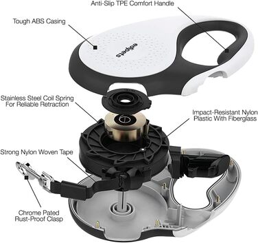 Рулетка для собак Edipets, висувна, нейлон, 5 м, 360°, для малих, середніх та великих собак (біла, M)