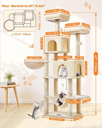 Декількаповерховий комплекс для котів Taoqimiao 170 см з будиночками, гамаком, корзиною та 8 стовпчиками для дряпання, MS013M, бежевий