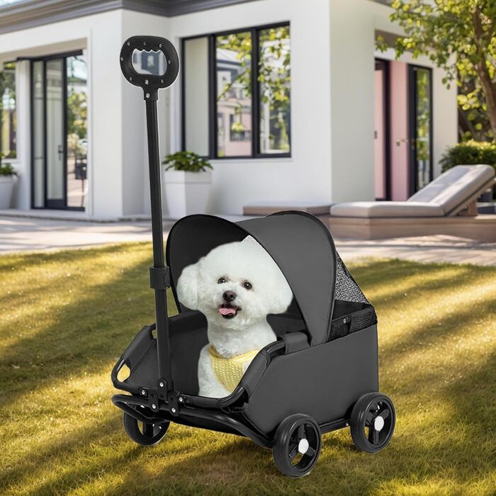 Транспортна візок для собак, маленька візок-будка для собак, складаний з ременем безпеки, легкий причіп для собак до 7 кг, для перевезення, прогулянок на відкритому повітрі (чорний)