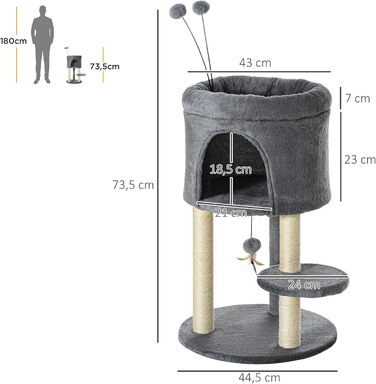 Драбина для котів PawHut 73,5 см з будиночком та іграшкою, сітка з сизалю, котячий комплекс сірий+кремовий