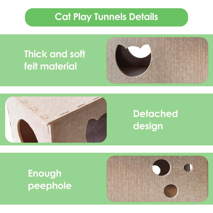 Туннель для котів Homegroove, великий філц L-подібної форми, інтерактивний, DIY, з отворами для спостереження (Бежевий, Прямий)