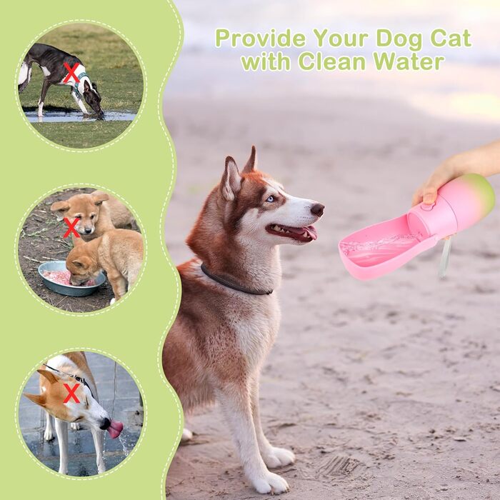 Подорожня пляшка для води для собак та котів JOPHEK 300мл з фільтром з активованого вугілля, зелено-рожева