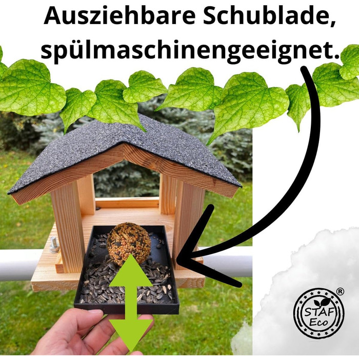 Годівниця для птахів на балкон Vogelfutterhaus, дерев'яна, ручна робота, для садових і диких птахів, з кріпленням на балкон, розмір 30-60 мм, натуральне дерево, стійка до погодних умов