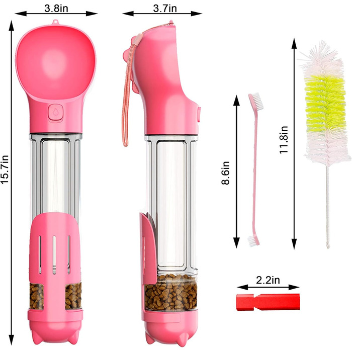 Водяна пляшка для собак SukaJia 4-в-1 з мискою, свистком та щіткою (500 мл, Рожевий)