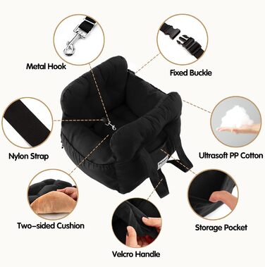 Автокрісло для собак маленьких порід, переносна автолюлька для цуценят, стильна переносна сумка для тварин з великими кишенями, автокрісло для собак, яке можна прати в пральній машині (Чорний)