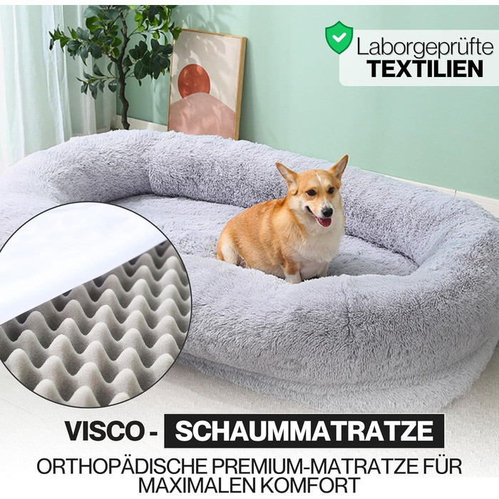 Ліжко для собак Noviclass® XXL 190 см | Ортопедичний матрац з Memory Foam | Зігріваюча ковдра та подушка | Сірий колір | Для великих собак
