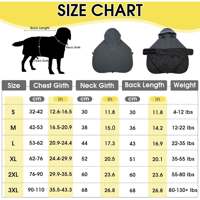 Водонепроникний дощовик для собак Regenantel з капюшоном, світловідбиваючі елементи, регульований, куртка для собак з петлями для ніг та отвором для повідка, для малих, середніх та великих собак (M, сірий)