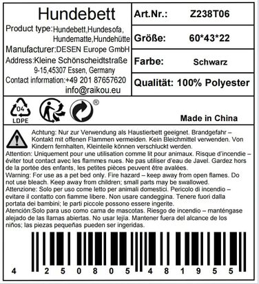 Кругле собаче ліжко RAIKOU середнього розміру, м'яке та зручне, з антиковзким покриттям. Підходить для собак та котів середніх порід (60 x 43 x 22 см, чорний)