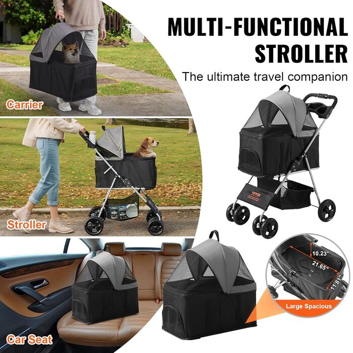 Візок для собак VEVOR, 79x46x102 см, до 16 кг, складаний, алюмінієвий каркас, Oxford 600D, сітчасті вікна, EVA колеса