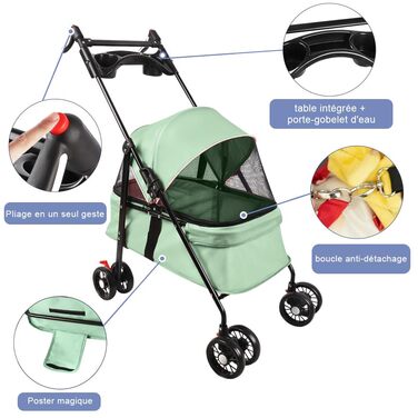 Дитяча коляска для собак та котів OHMG 3 в 1, зелена, складна, з 4 EVA-колесами, ручка, 3 вікна з сітки, тримач для напоїв, для маленьких та літніх собак, тролей для людей з обмеженими можливостями (50 x 70 x 95 см)