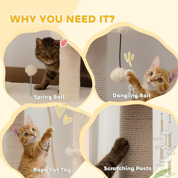 PawHut Дряпка для котів 225-255 см, 7 рівнів, з гамаком, платформами, іграшковим м’ячем, бежево-сіра