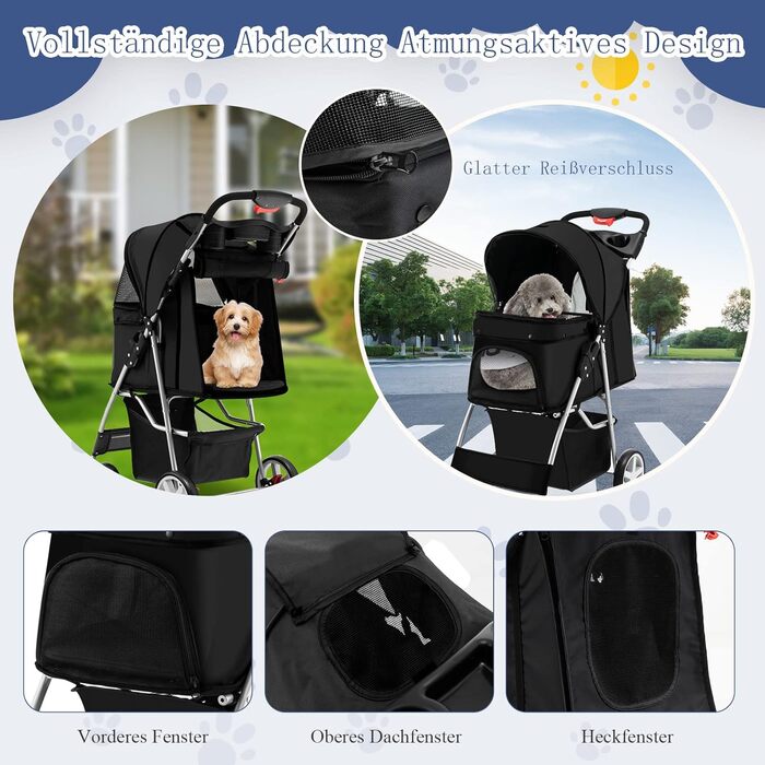 Візок для тварин GYMAX: розкладний візок для котів/собак до 15 кг, з кошиком для зберігання, захистом від дощу та сіткою, 4 колеса, чорний