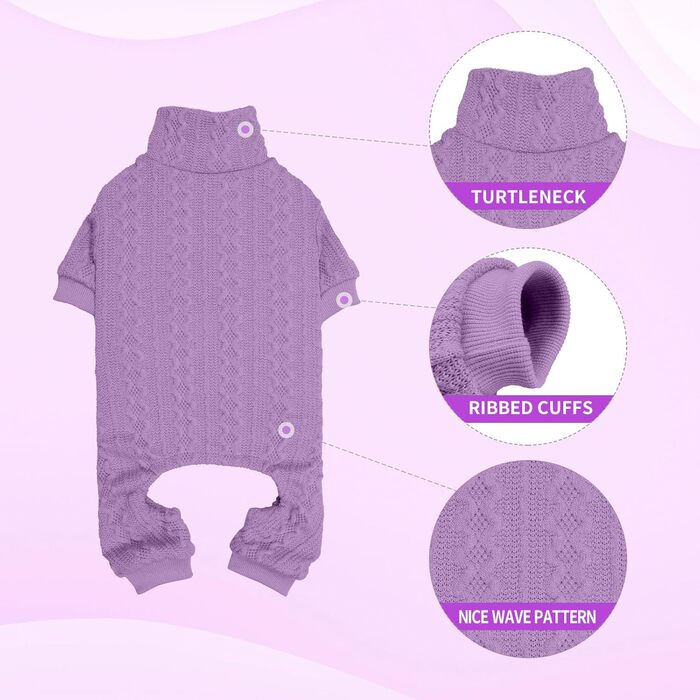 Вовняний пуловер для собак з коміром-горловиною, однотонний, теплий, для цуценят та собак середніх розмірів (зелений та фіолетовий, розміри S/M та L)