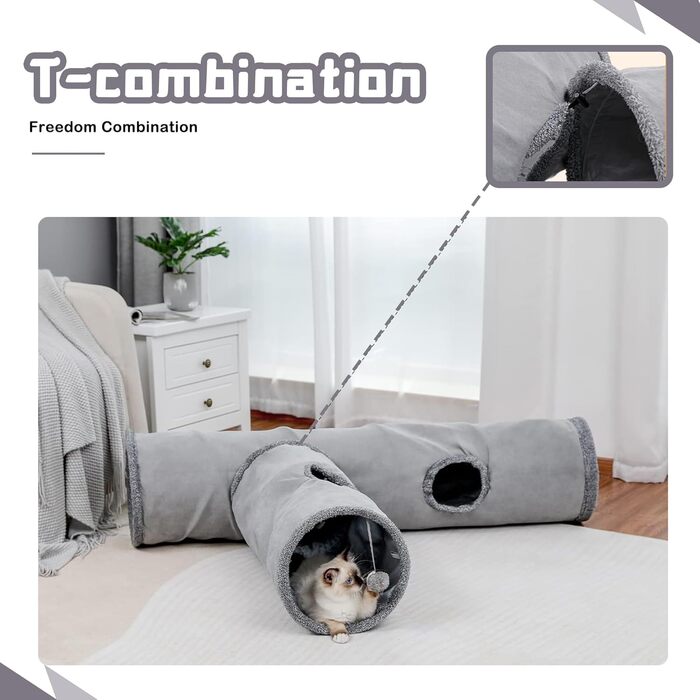 Туннель для котів Mymai з м'яким велюром, інтерактивний шурхотливий тунель з 2 підвісними іграшками, для кроликів та маленьких тварин (Сірий)