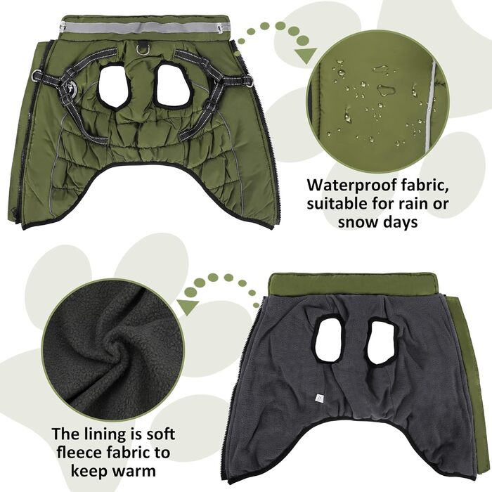 Зимовий одяг для собак: теплий, водонепроникний зимовий одяг з дзвоником, світловідбиваючі смуги, LED-ошийник, для маленьких та середніх собак (зелений, XL)