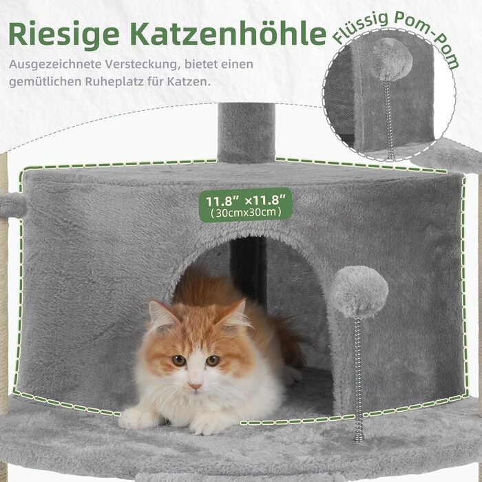 Комплекс для котів Gitelsnour Eck-Kratzbaum: Дряпка-кігтеточка для котів з сизалю, будиночок, полиці, кошик, 112 см, світло-сірий
