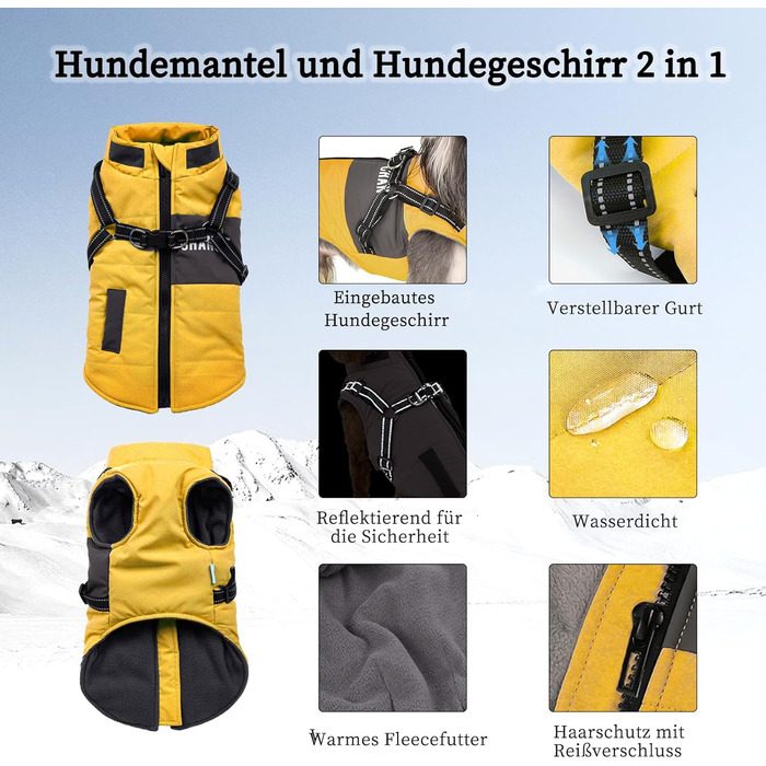 Жовта тепла куртка для собак, розмір XXL, без шлейки, для середніх собак