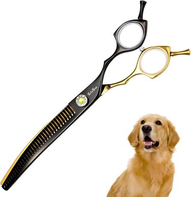 Професійна вигнута ножиці для грумінгу домашніх тварин 7.5 дюймів (25 градусів), 35 зубів, розрідження 65%, Gold High-End