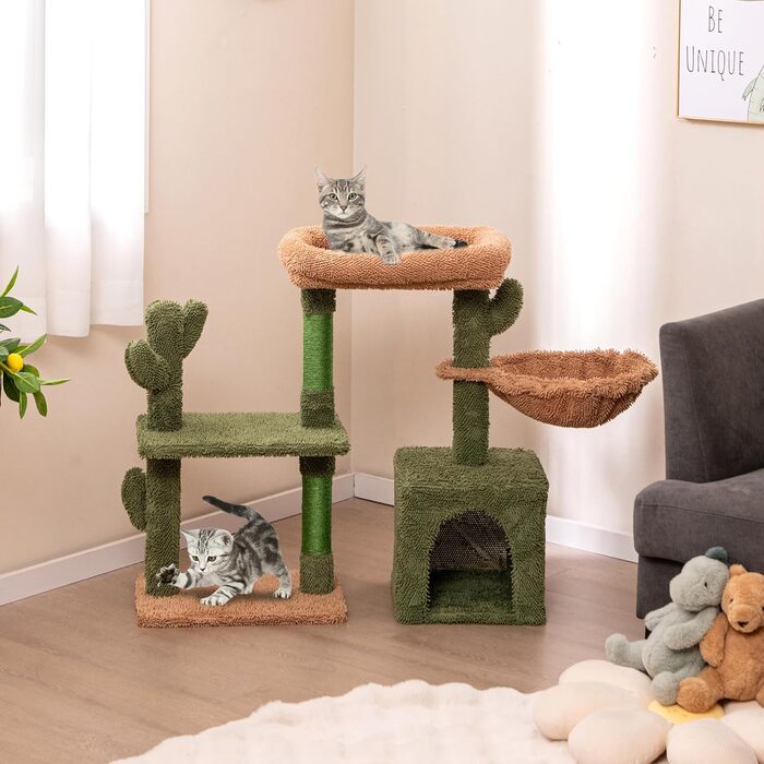 Драбина-кіготник для котів COSTWAY Kaktus: платформа, корзина, 2 котячі будиночки, сизаль, дерево, 81 см