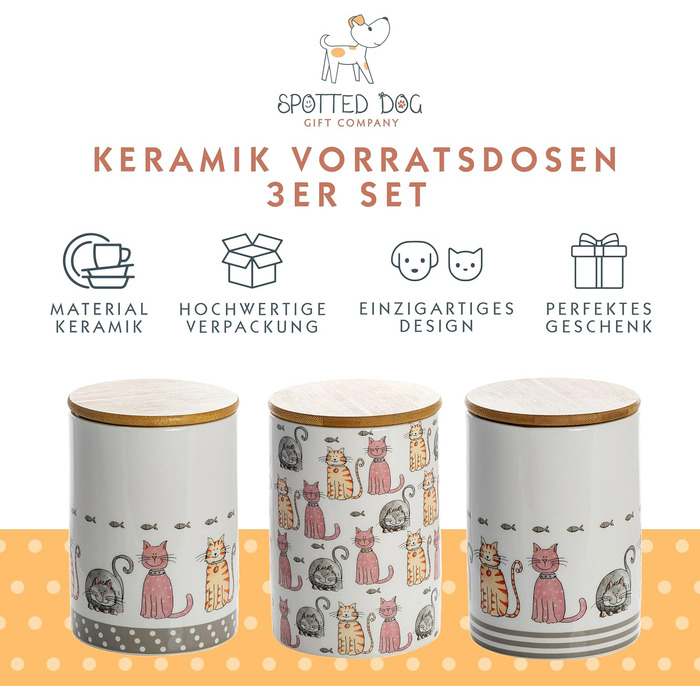 Набір контейнерів для зберігання SPOTTED DOG GIFT COMPANY з кераміки з кришкою, 3 шт. (1.2 л, котячий мотив)