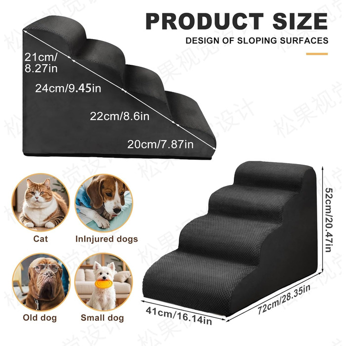 Сходинки для собак, 4 сходинки, для ліжка та дивану, знімний чохол, миється, для маленьких собак, чорний колір