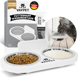 Підвищений годівниця для котів VAYPET® з силіконовим клеєм для кріплення на стіну без свердління. Плавучий годівниця для котів для зручного положення. Надійний годівниця з нержавіючої сталі білого кольору.