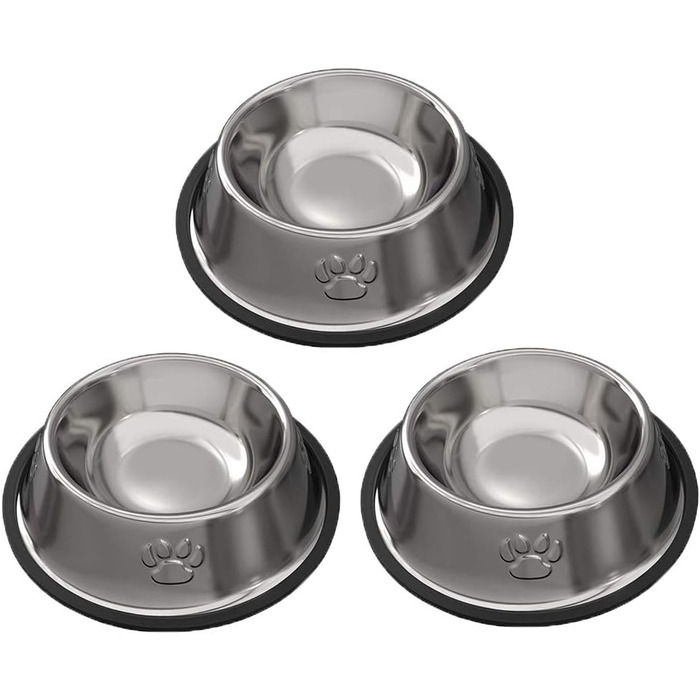 Набори мисок для котів з нержавіючої сталі, 3 шт. - для корму та води, з гумовим дном
