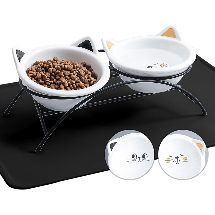 Набір мисок для котів з кераміки з підставкою та силіконовим килимком, 340 мл, нахилені, для котів, кошенят, маленьких собак, білий