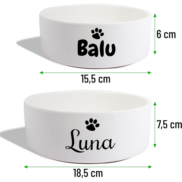 Керамічний подвійний набір мисок з іменем або текстом для собак та котів - персоналізований набір мисок з/без підставки | миска для собак, миска для корму, годівниця | великі та маленькі тварини, годівниця (2x500мл)