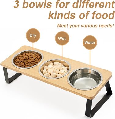 Підвищена годівниця для котів з 3 мисками з нержавіючої сталі, 15° нахил, набір мисок для котів, годівниця для котів та невеликих собак