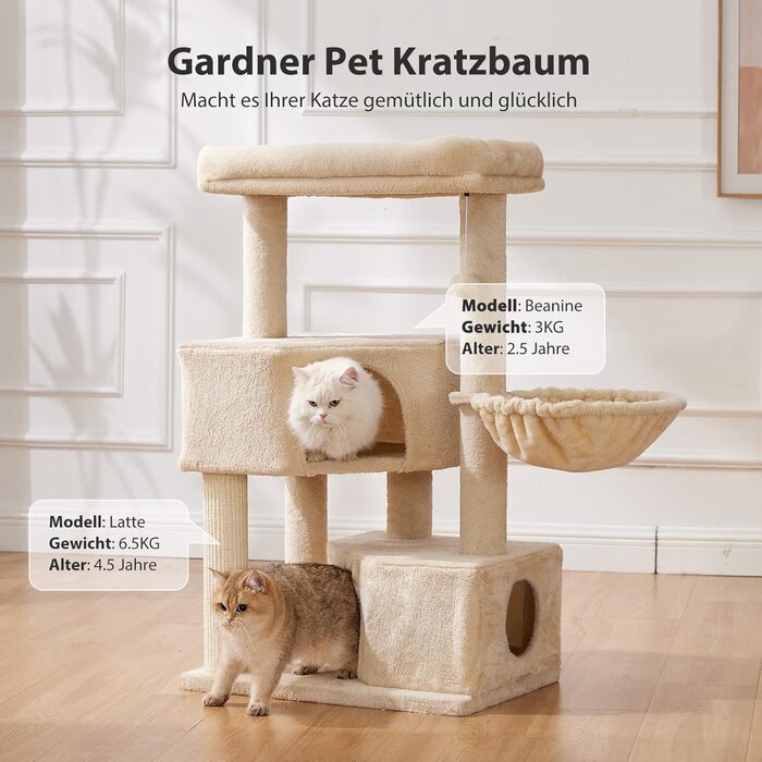 Кігтеточка-кімнатна для котів Gardner Pet Katzenbaum, 105 см, з платформою, 2 печерами, кошиком, бежева