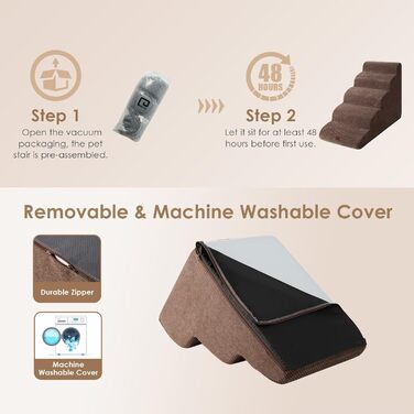 Сходинки для собак EHEYCIGA – 50 см, для маленьких собак, на диван/ліжко, з високощільним губчастим матеріалом, знімний та миючий чохол, протиковзне покриття, 4 сходинки, сірий колір (40 x 50 x 30 см, коричневий)