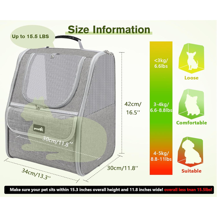 Плед-рюкзак для кота Pecute, сірий, класичний, до 6 кг