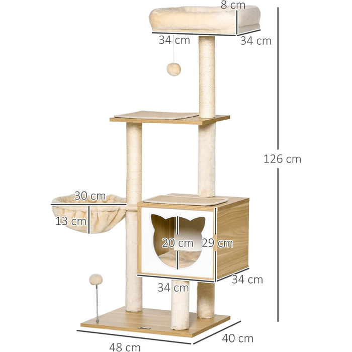 Дерев'яний кігтеточка для котів PawHut з будиночком та платформою, 126 см, з сизалю та коротким плюшем, бежевий