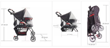 Чотирьохколісний візок для тварин FourPaw з повним оглядом, з замком, для котів та собак, з кошиком для зберігання та тримачем для напоїв