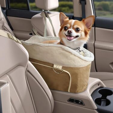Автокрісло для собак, підходить для маленьких собак до 13,6 кг, з підголівником та безпечним ременем, коричневе, з кишеньками для зберігання