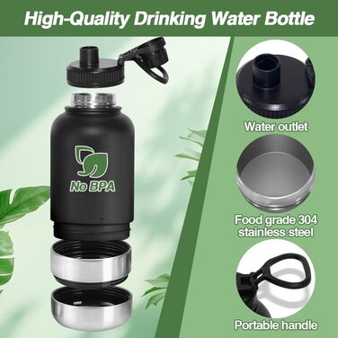 Водяна пляшка для собак на прогулянці, 950 мл, з мискою, ізольована, нержавіюча сталь, для подорожей та активного відпочинку