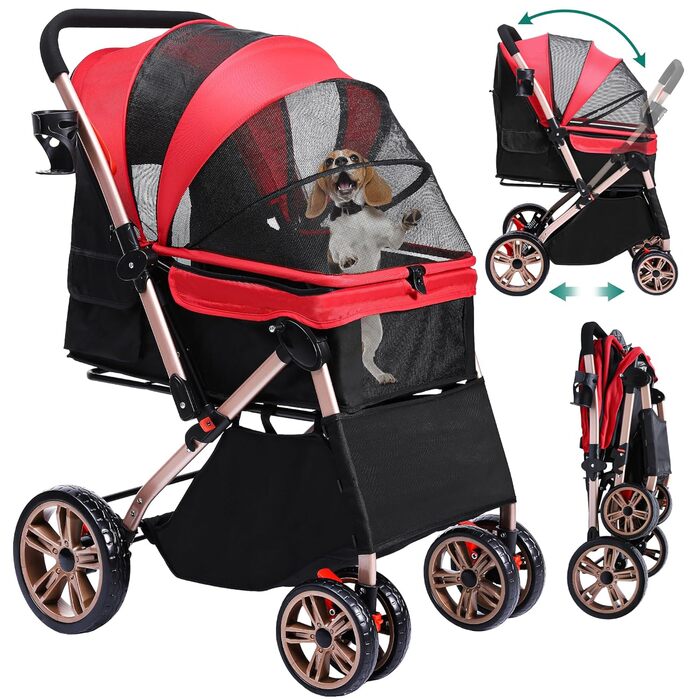 Візок для собак YITAHOME, червоний, для маленьких собак, з обертовим ручками, сітковими вікнами та гальмами