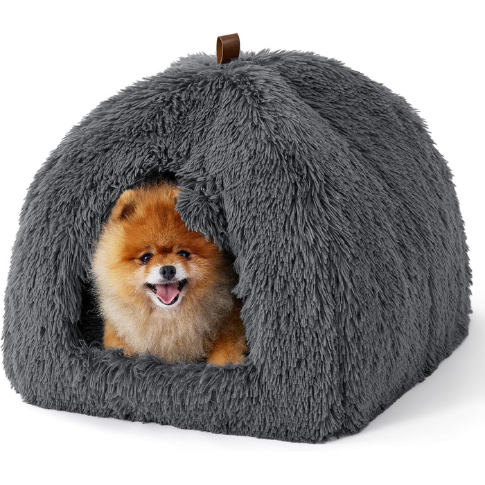 Ліжко для котів BEDSURE - затишна кімната-будиночок 40x40x40 см, плюшеве ліжко для котів, з м'якою подушкою та іграшкою, легко миється, сірий колір