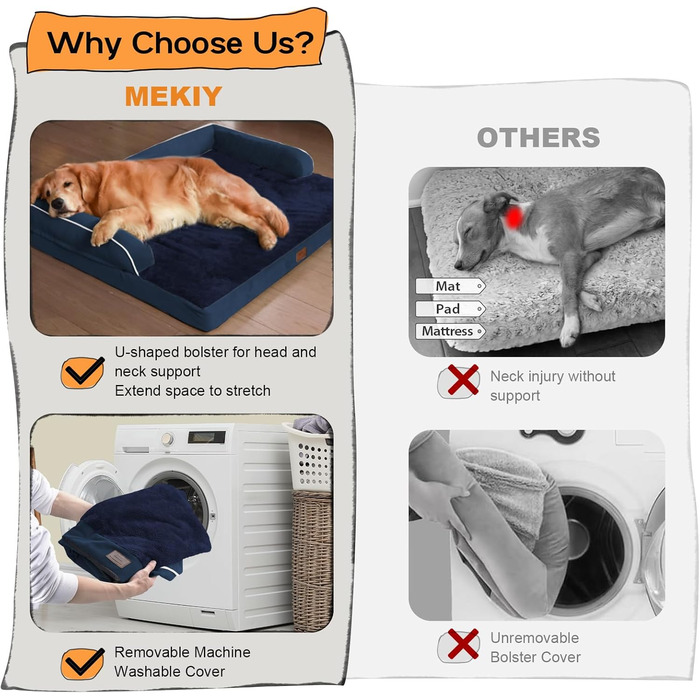 Велике ортопедичне собаче ліжко з водонепроникним покриттям – знімний чохол, Memory Foam – підтримка шиї, диван-ліжко для великих собак – XXL, блакитний колір, 114 x 89 x 20 см