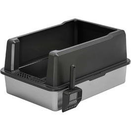 Котів туалет XXL з нержавіючою сталлю та бортиком 71 x 50,5 x 35 см Сірий-Сріблястий (з лопаткою)