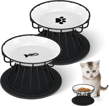 Підвищені миски для котів 2 шт. з підставки, керамічні миски для корму та води, чорні