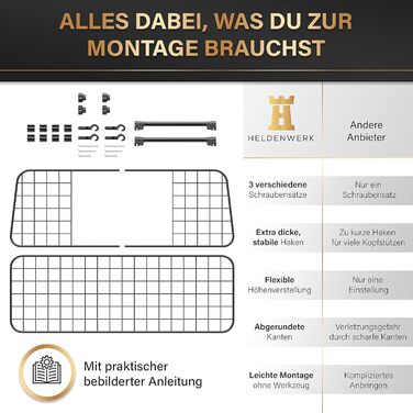 HELDENWERK Універсальна решітка-бар'єр для багажника автомобіля для собак, захисна перегородка для перевезення собак з кріпленням до підголівників, регульована, метал