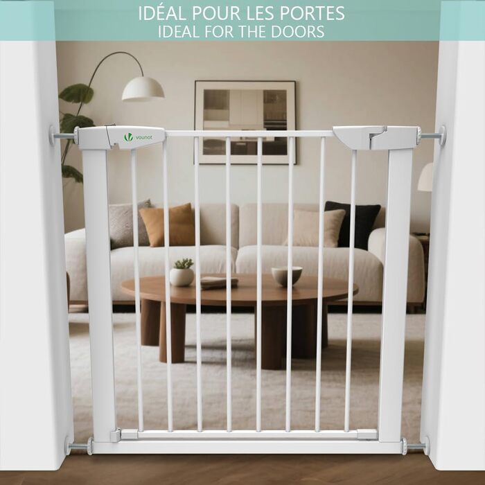 Захист для сходів Vounot: сітка без свердління, 75-108 см, для дітей, собак та котів, автоматичне закриття, магнітний замок, стопор 90°, білий (2x подовження)