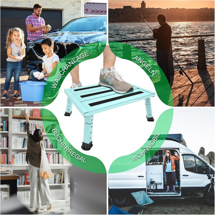 Алюмінієва розкладна сходинка-підставка, 300 кг, 3 сходинки, регульована висота, широка антиковзаюча поверхня, для автодому, саду та сходи для собак, легка та складна (зелена)