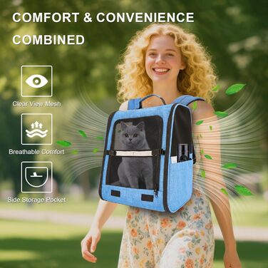 Рюкзак-переноска для собак та котів/цуценят, до 5,9 кг, дихаюча сітка, кишені, безпека, для подорожей (Блакитний)