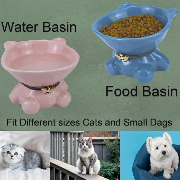 Підвищений годівниця для котів Busnos: керамічна миска для їжі та води, 14x13x11 см, синього кольору