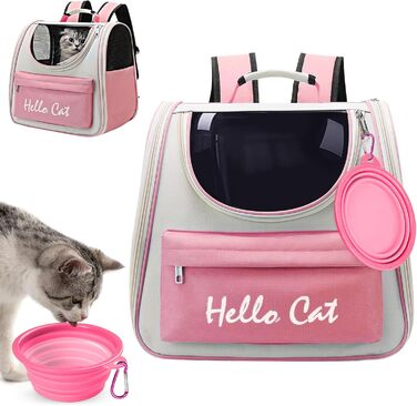 Рюкзак для тварин Surmounty з сітчастим вікном, складний рюкзак для кота/собаки з мискою для їжі та води, водонепроникний оксфорд, об'єм до 15 кг, рожевий